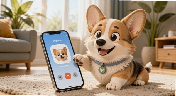 一只可爱的柯基犬坐在明亮的客厅地毯上,前爪搭在一部智能手机屏幕上,屏幕显示呼叫小狗应用界面,背景有绿植和阳光,整体风格温馨活泼,Boogu模型生成