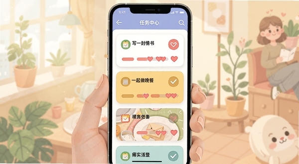 情侣日记应用的任务中心界面，展示多个任务卡片，如“一起做晚餐”、“写一封情书”，卡片上有打卡按钮与爱心进度条，整体色调明快，扁平化插画风格，主体为屏幕中央的任务列表，适配Boogu模型生成