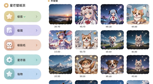 星芒壁纸分类界面,左侧显示分类列表,右侧展示壁纸缩略图,包含风景、动漫、萌宠、极简等标签,界面配色清新,图标圆润,突出星芒壁纸的丰富分类与清晰排版。