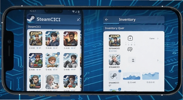 SteamCICI应用界面展示，手机屏幕中呈现游戏列表与库存查询页面，蓝色科技感背景，扁平化设计风格，清晰展示应用名称SteamCICI