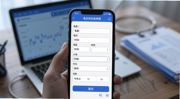 电交所应用内交易申报页面特写，画面主体为手机屏幕中显示的交易申报表单，包含电量、电价、时间等输入框和提交按钮，背景区域为虚化的办公桌面，有笔记本电脑和文件资料，整体色调偏商务蓝，突出移动办公场景，适配Boogu模型生成