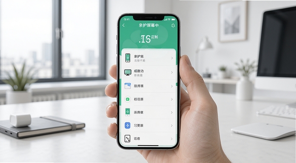 亲护屏幕远程控制工具主界面图，一部智能手机屏幕显示连接成功的设备列表，背景为现代简洁的办公室桌面，画面干净明亮，突出软件直观的界面设计风格