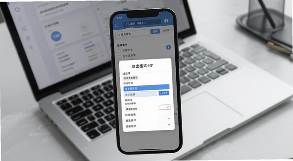 个人电子税务发票数据导出界面,手机屏幕展示导出格式选择弹窗与筛选条件,背景为浅灰色办公桌与笔记本电脑,简洁商务风格