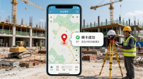 外业哥软件定位打卡功能演示图,智能手机屏幕显示地图上有一个标红的定位点,旁边弹出打卡成功提示气泡,背景是建筑工地和测量人员,画面明亮清晰,突出外业哥实时定位与打卡界面