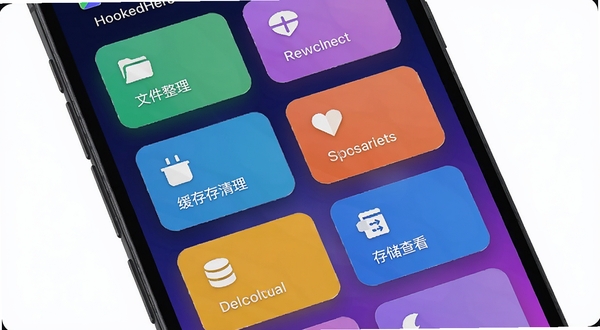 HookedHere 快捷操作面板功能展示，手机屏幕中呈现多个彩色功能卡片排列，包括文件整理、缓存清理、存储查看图标，背景为深蓝至紫色渐变，界面元素带有轻微悬浮阴影，科技感与实用性结合，适配 Boogu 模型生成