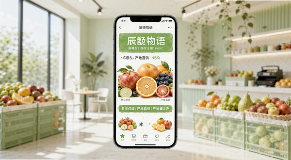 辰颐物语购物平台全貌预览图，画面主体为手机界面展示新鲜水果与产地直供信息，背景为简约现代风格的电商购物场景，色彩明亮清新，突出健康与新鲜感。