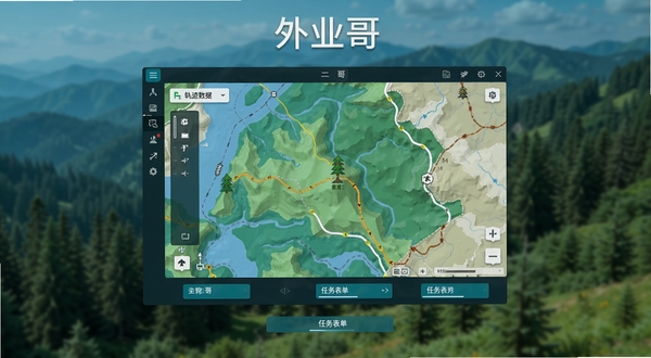 外业哥软件主界面示意图,画面中央为彩色地图界面,底部有任务表单按钮,左侧有轨迹数据面板,背景为模糊的户外山林实景,整体色调蓝绿清新,界面清晰标注外业哥字样
