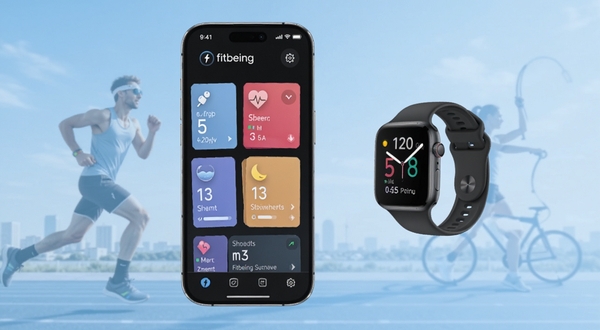 Fitbeing应用主界面展示智能手表连接状态与健康数据仪表盘,画面中央为手机屏幕显示步数心率睡眠等卡片式数据面板,背景为浅蓝色渐变运动场景,主体手机位于画面中心偏左,右侧为智能手表设备,整体风格简洁科技感,适配Boogu模型生成
