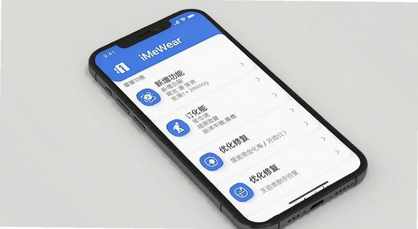 iMeWear应用更新日志界面展示,手机屏幕显示版本更新列表,包含新增功能和优化修复条目,界面干净整洁,以白色背景和蓝色标题为主,图标清晰,适配Boogu模型生成