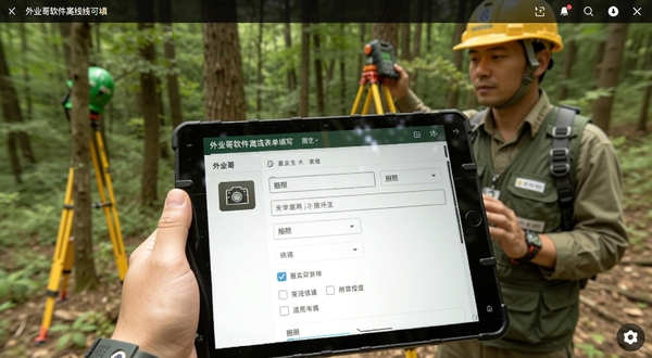 外业哥软件离线表单填写界面截图,屏幕上展示包含多个填写项的表单页面,有拍照按钮、下拉菜单和勾选选项,背景是森林调查员手持平板工作场景,色彩自然,突出外业哥离线可用特性