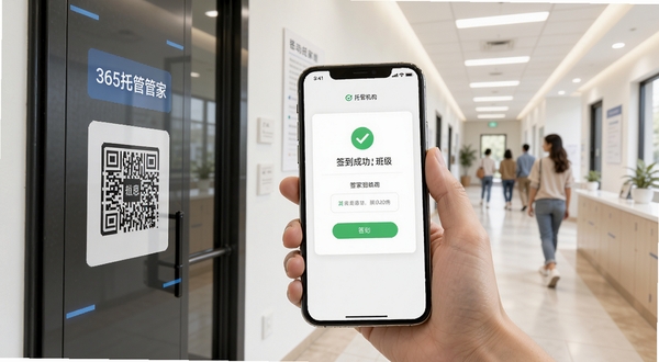 365托管管家移动端签到操作示意图,画面为一只手拿手机在托管机构门口扫码签到,屏幕显示签到成功和班级信息,背景为明亮的走廊,风格写实