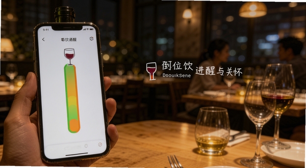一瓶倒位饮酒进度追踪界面,手机屏幕显示彩色进度条和酒杯图标,进度条从绿色渐变到橙色,背景为夜晚餐厅环境,画面温馨柔和,突出提醒与关怀氛围