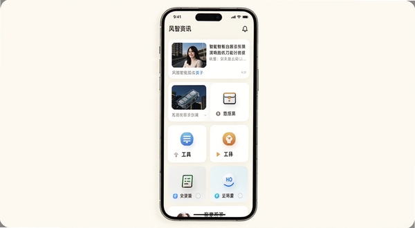 风智子智能聚合面板功能展示图,手机竖屏画面,中央是模块化卡片排列,资讯卡片配缩略图,工具卡片配图标,背景为柔和米白色,光线均匀