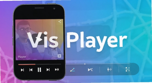 Vis Player视频播放器主界面预览图,展示一个手机屏幕上的视频播放画面,界面简洁现代,底部有播放控制条和功能按钮,背景为渐变色,画面清晰明亮,突出软件名称Vis Player字样,整体风格符合安卓应用商店宣传图样式