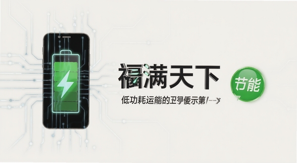福满天下 低功耗运行示意图 手机电池图标 绿色节能标识 科技感线条 简约现代风格 浅色背景