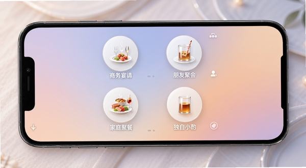 一瓶倒位多场景模式选择界面,手机屏幕展示四个场景图标分别为商务宴请、朋友聚会、家庭聚餐、独自小酌,图标设计精致,背景为柔和渐变色,画面简洁大方
