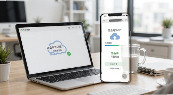 外业哥软件数据同步界面效果图,手机屏幕显示云端同步进度条和成功标志,背景是办公室工作场景,桌上摆放笔记本电脑和水杯,画面简洁明快,外业哥数据安全可靠氛围