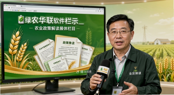 绿农华联软件界面展示农业政策解读栏目,画面中一位农业专家正在录制视频讲解,背景有麦穗图标与政策文件图形,整体色调为绿色与金黄色,风格专业且亲民。