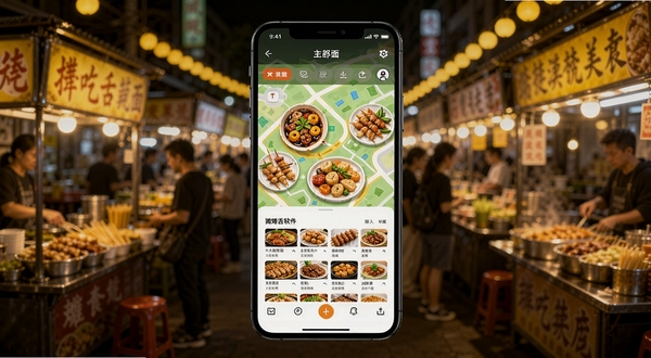 摊吃舌软件主界面预览图,画面中央是一款智能手机,屏幕显示着色彩鲜艳的美食地图与摊位列表,背景是虚化的热闹夜市摊位与暖黄色灯光,整体风格写实且充满生活气息,突出美食探索的氛围。