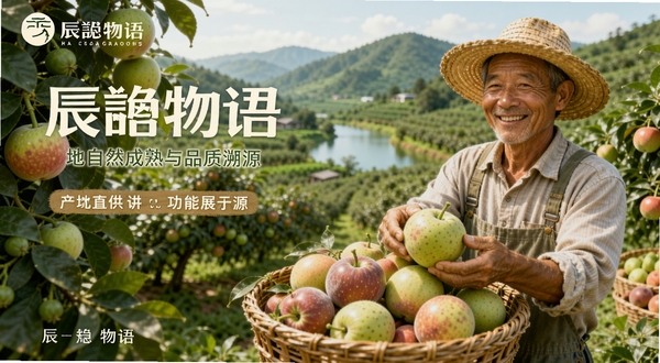 辰颐物语产地直供功能展示图，画面主体为果园中新鲜采摘的水果与农民笑脸，背景为青山绿水的果园环境，强调自然成熟与品质溯源，风格写实温馨。