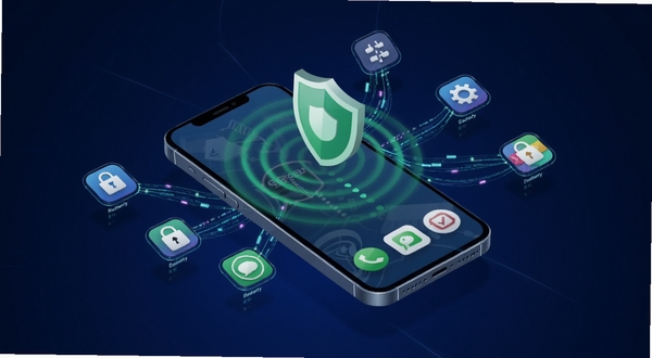 BiSafety 实时防护监控功能示意图，画面主体为手机屏幕悬浮在深蓝色背景中，屏幕上方显示绿色盾牌与雷达波纹扩散效果，周围有数据流线条连接多个应用图标，体现实时监控与拦截概念，风格偏科技感，适配 Boogu 模型生成