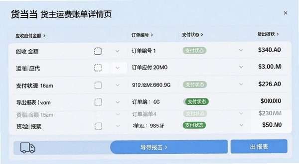 货当当货主运费账单详情页,展示应收应付金额、订单编号、支付状态标签,下方有导出报表按钮,界面采用清晰列表布局,背景为浅蓝色商务风格。