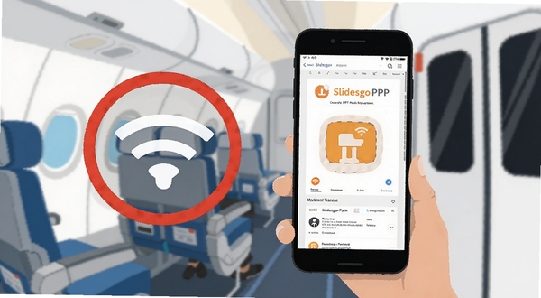 SlidesgoPPT离线使用场景图,画面主体为一部手机在无网络标识的环境下打开SlidesgoPPT编辑页面,背景区域为飞机客舱或地铁车厢的简约插画风格,突出随时随地可用的特点