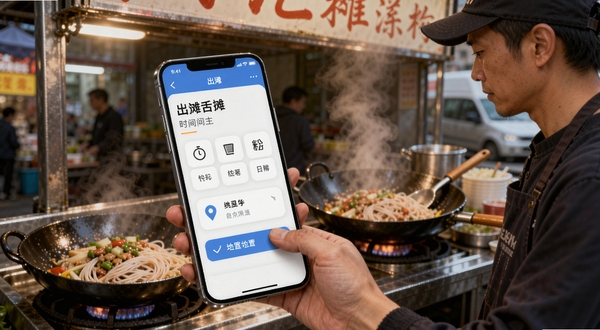 摊吃舌摊主出摊动态界面概念图,画面展示一位摊主正在手机端编辑出摊信息,界面简洁带有时间选择与位置标记选项,背景是热气腾腾的炒粉摊档口,整体色调明亮写实。
