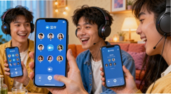 蓝伴语音多人语音派对房场景,画面中多位年轻人戴着耳机对着手机微笑交谈,手机屏幕显示蓝伴语音的语音房间界面,麦位头像环绕排列,背景是温馨的室内聚会氛围,色彩明亮活泼