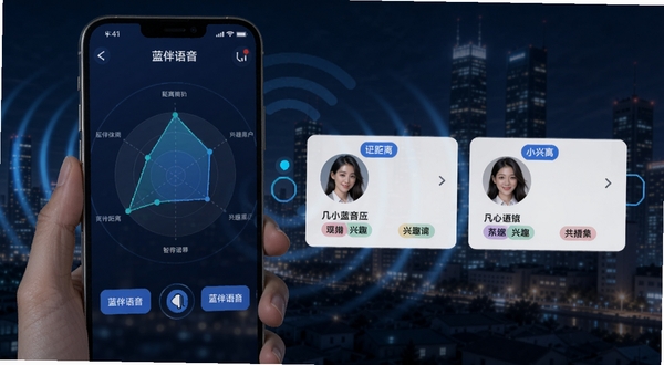 蓝伴语音智能匹配界面,手机屏幕展示蓝伴语音的匹配雷达动画与推荐用户卡片,卡片上带有距离标签和兴趣标签,背景是城市夜景与信号波纹,科技感与社交感并存