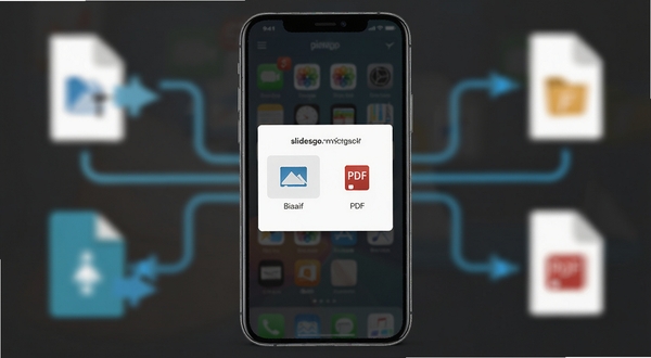 SlidesgoPPT导出分享功能示意图,画面中心为手机屏幕显示导出格式选择弹窗,包含图片和PDF两个选项,背景区域为虚化的文件传输图标和连接线条,体现便捷分享的概念