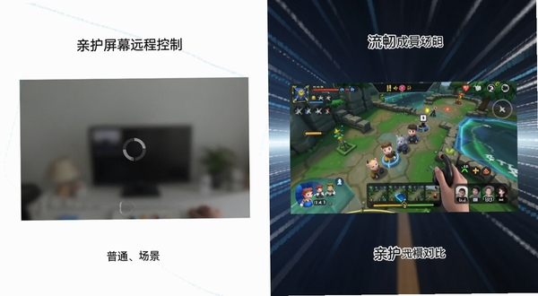 亲护屏幕远程控制工具画面流畅度对比场景，左侧是普通远程画面带有加载圈，右侧是亲护工具下清晰无延迟的游戏或应用画面，背景用速度线表现流畅感