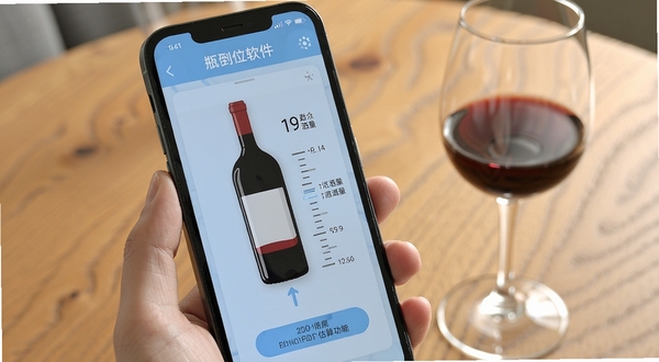 一瓶倒位软件智能倒酒量估算功能界面,手机屏幕显示酒瓶图标和刻度线,旁边有数字标注剩余酒量,背景为木质餐桌和酒杯,画面明亮清晰,突出科技感与生活场景结合