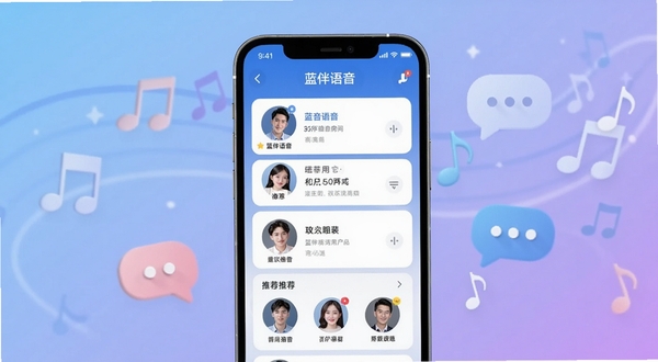 蓝伴语音APP首页界面展示,画面中央是一部智能手机,屏幕上呈现蓝伴语音的语音房间列表与推荐用户头像,背景为柔和的蓝紫色渐变,四周点缀音符与对话气泡元素,整体风格清新现代,适配Boogu模型生成