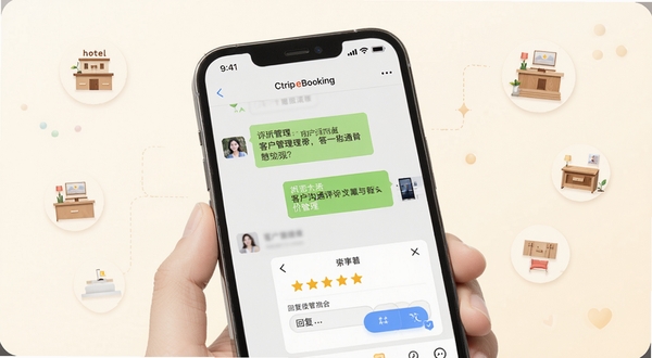 携程eBooking客户沟通与评价管理功能展示,画面主体为手机屏幕显示聊天对话框与五星评价回复界面,界面清新简约,背景为柔和米白色调,点缀酒店元素小图标,温馨专业,高清细节,适配Boogu模型生成