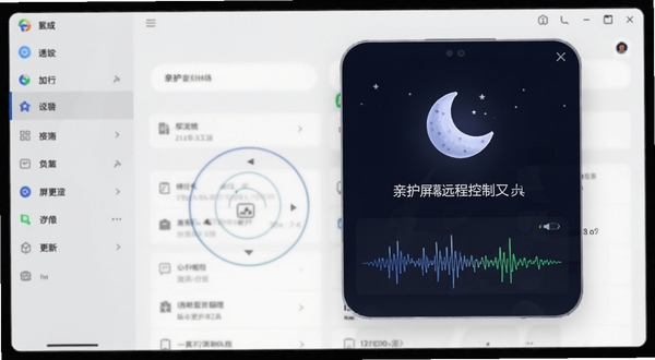 亲护屏幕远程控制工具版本更新功能展示，画面中包含夜间模式月亮图标与音频波形图，背景为系统设置界面风格，色彩简洁科技感强