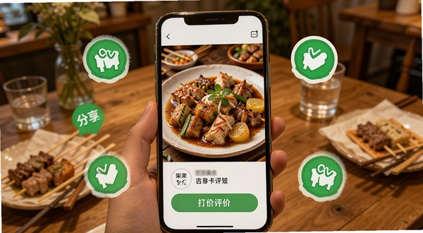 摊吃舌美食摊位打卡页面展示,画面中手机界面显示一张精美的美食照片与打卡评价按钮,周围点缀有绿色的打卡成功图标,背景为温馨的室内餐桌场景,突出分享与记录的功能。