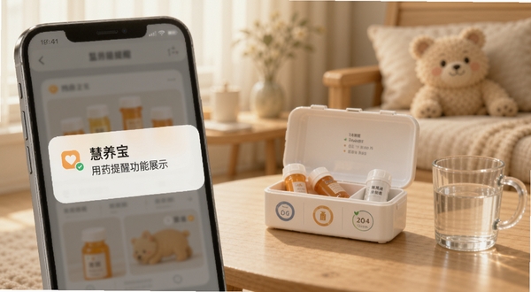 慧养宝用药提醒功能展示图，手机屏幕弹出温馨的提醒通知，背景为居家环境，桌面上摆放着药盒和水杯，画面色调温暖柔和