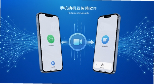 手机换机互传克隆软件主界面展示，画面中央为两台智能手机屏幕相对进行数据传输的3D渲染场景，背景以渐变的科技蓝为主色调，辅以流动的光纤数据线条，强调高速、安全、便捷的换机体验，整体风格现代简约，突出核心功能。