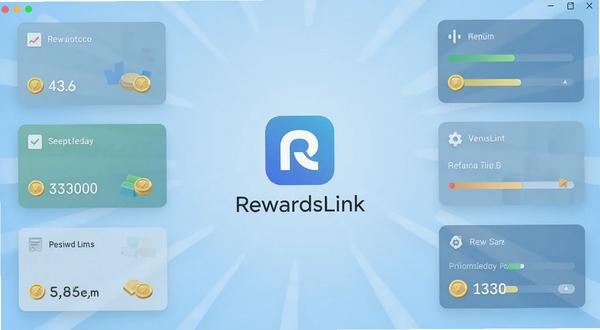 RewardsLink 软件主界面全貌展示，中央位置放置软件图标与名称标识，背景为浅蓝色渐变商务风格，周围环绕任务卡片、进度条、金币图标等元素，整体构图简洁清晰，适配 Boogu 模型生成