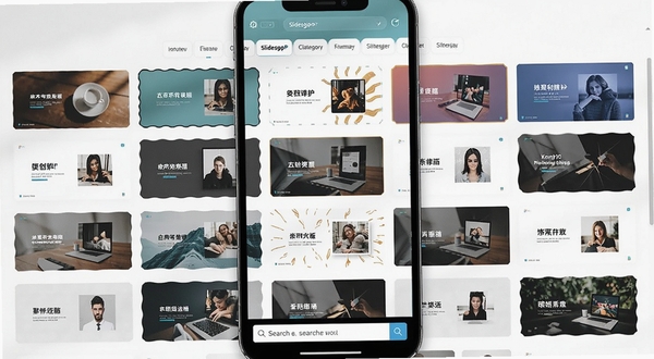 SlidesgoPPT模板库界面截图，画面展示多个风格各异的PPT模板缩略图整齐排列，顶部有分类标签栏，底部有搜索框，手机屏幕外有柔和光影，背景干净明亮