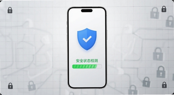 BiSafety 安全防护应用主界面展示，画面中央为手机屏幕正视图，屏幕内呈现蓝色盾牌图标与绿色安全状态检测进度条，背景为浅灰色科技感渐变，四周环绕细线网格与锁形图标，整体风格简洁清爽，适配 Boogu 模型生成