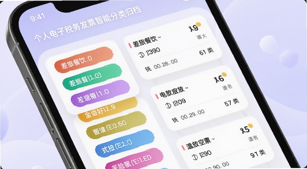 个人电子税务发票智能分类归档界面,手机屏幕展示彩色标签与发票列表卡片,背景为柔和渐变浅紫色,圆角卡片设计,清晰展示差旅餐饮等分类