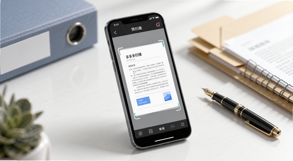 一款名为多多扫描的手机应用界面展示,画面中心是一部智能手机,屏幕上显示着文档扫描预览界面,背景是整洁的办公桌面,有文件夹和钢笔点缀,整体风格清新商务,高分辨率,3D渲染,柔和光影,突出多多扫描的核心功能。