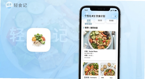 轻食记个性化饮食计划页面,手机屏幕展示目标设定与推荐食谱,背景为淡蓝色渐变,画面中有轻食记应用图标,风格简洁专业