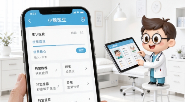 小猿医生智能症状自查功能特写,手机屏幕显示症状输入框与科室推荐列表,画面右侧悬浮一个卡通医生形象正在查看平板电脑,背景为简洁的白色诊室风格,光线明亮柔和