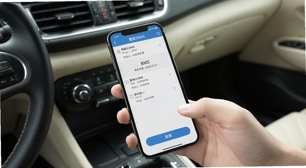 智能云BMS蓝牙连接操作示意图，手机屏幕显示设备搜索列表，背景为车内中控台场景，画面主体为手持手机操作特写，屏幕内突出BMS设备名称与连接按钮，光线柔和自然