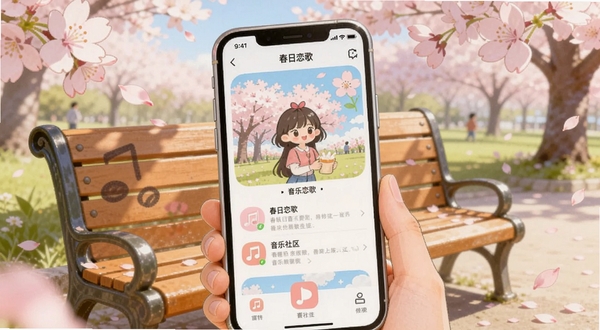 春日恋歌 春日暖阳下音乐社区 画面主体为一部智能手机屏幕显示春日恋歌APP界面 背景是樱花飘落的公园长椅 暖色调 可爱插画风格