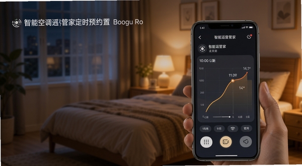 智能空调遥控管家定时预约设置界面展示，手机屏幕上显示时间轴与温度曲线，背景为夜晚卧室场景，柔和暖光，突出智能温控与定时功能，画面温馨舒适，适合Boogu模型生成