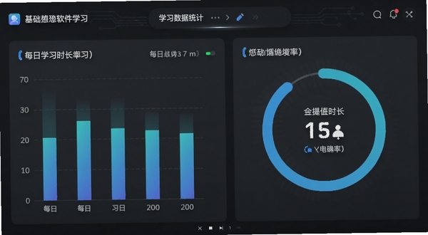 基础学习软件学习数据统计页面,手机屏幕显示柱状图和环形进度图,标注每日学习时长与正确率,背景为深灰色科技感界面,数据可视化清晰,突出学习管理功能